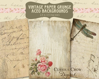 Vintage Paper Grunge Digital Collage Sheet - ACEO ATC 2.5 x 3.5 Junk Journal, Mixed Media, Jewelry Card, Hang Tag, Printable Download