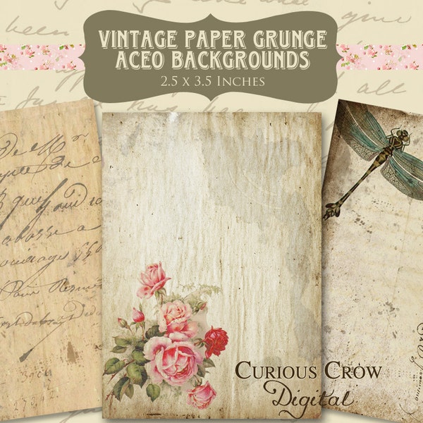 Vintage Paper Grunge Digital Collage Sheet - ACEO ATC 2.5 x 3.5 Junk Journal, Mixed Media, Jewelry Card, Hang Tag, Printable Download