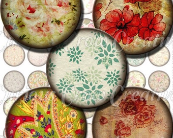 Grungy Flower Fun 1 inch Circle Rounds Digital Collage Sheet - J INSTANT Download - Bottle cap Pendant Jewelry - Printable Download