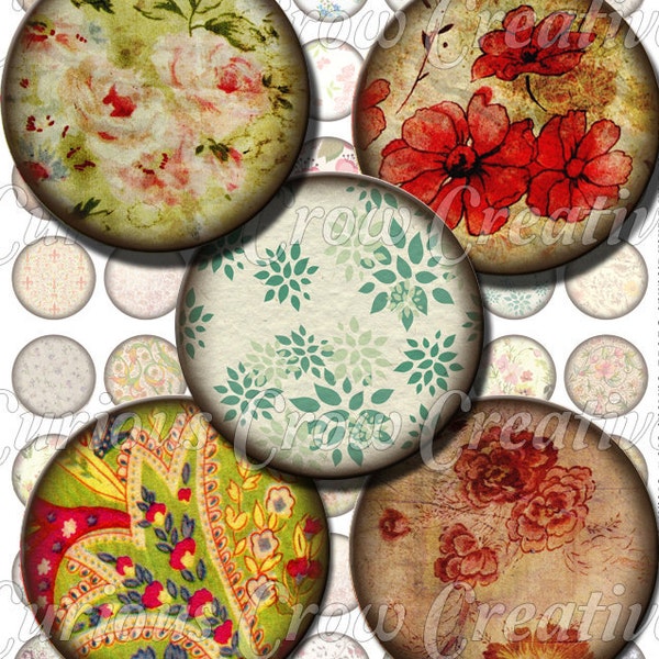 Grungy Flower Fun 1 inch Circle Rounds Digital Collage Sheet - J INSTANT Download - Bottle cap Pendant Jewelry - Printable Download