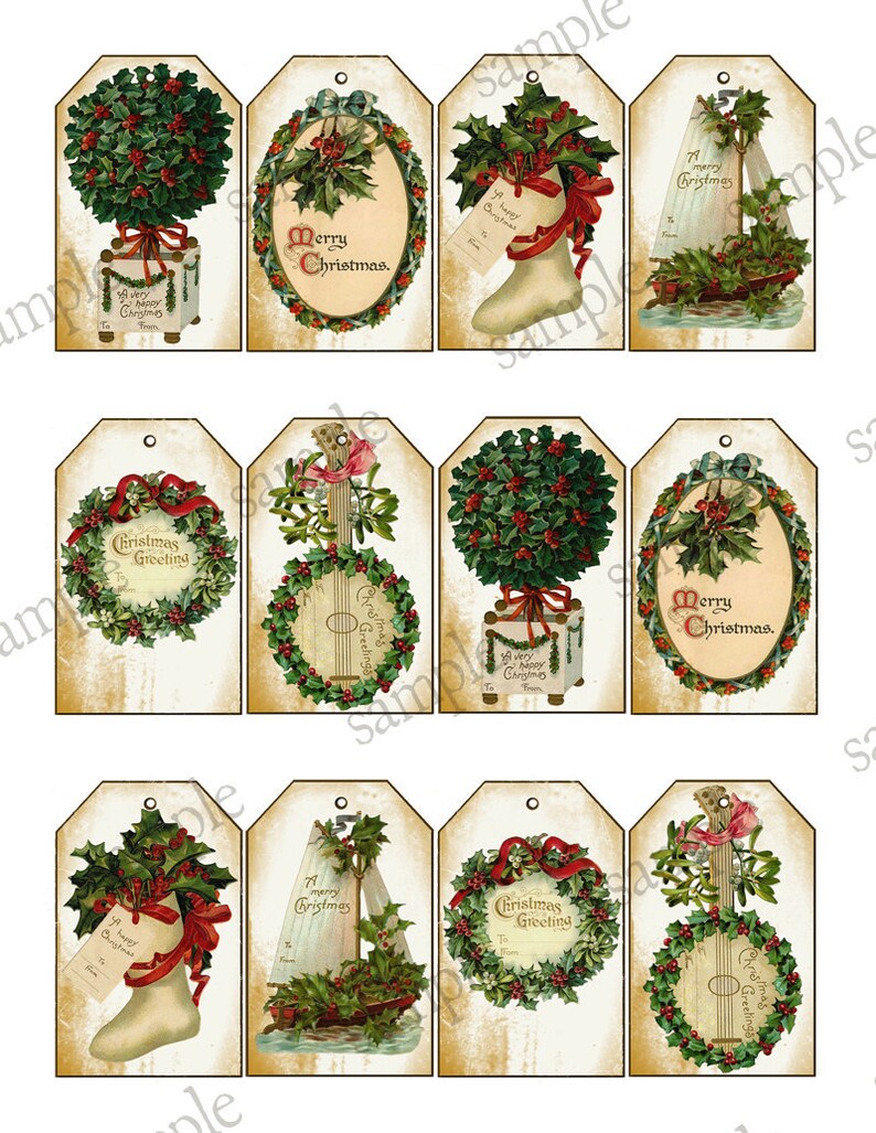 Christmas Gift Tags Digital Collage Sheet Printable Download Holly and Berries Hang Tags image 2