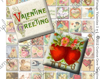 Vintage Valentine's Day 1x1 inch Squares INSTANT Printable Download - Jewelry, Scrapbook, Pendants