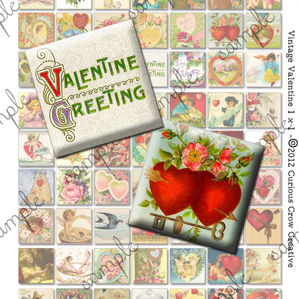 Vintage Valentine's Day 1x1 inch Squares INSTANT Printable Download - Jewelry, Scrapbook, Pendants