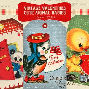 Folha de colagem digital de etiquetas penduradas de animais vintage fofos para namorados - 2,5 x 4 polegadas - download instantâneo para impressão