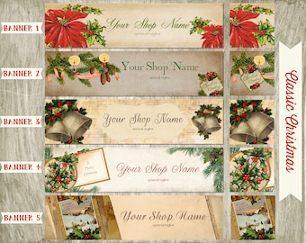 Christmas Etsy Shop Banner Set Classic Vintage Design Your Choice from 5 Pre-made Vintage, Holiday Designs