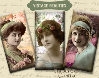 Vintage Beauties1 x 2 inch Domino Digital Collage Sheet -  INSTANT Printable Download - Jewelry, Scrapbook, Pendants