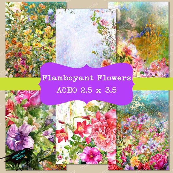 Flamboyant Flowers ACEO Digital Collage Sheet - 2.5 x 3.5 inch Images Tags, ATC Junk Journal Mixed Media Printable Download Bright Floral