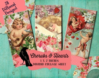 Vintage Cherubs and Hearts 1 x 2 inch Domino Digital Collage Sheet - Printable Download - Jewelry, Scrapbook, Pendants, Junk Journals