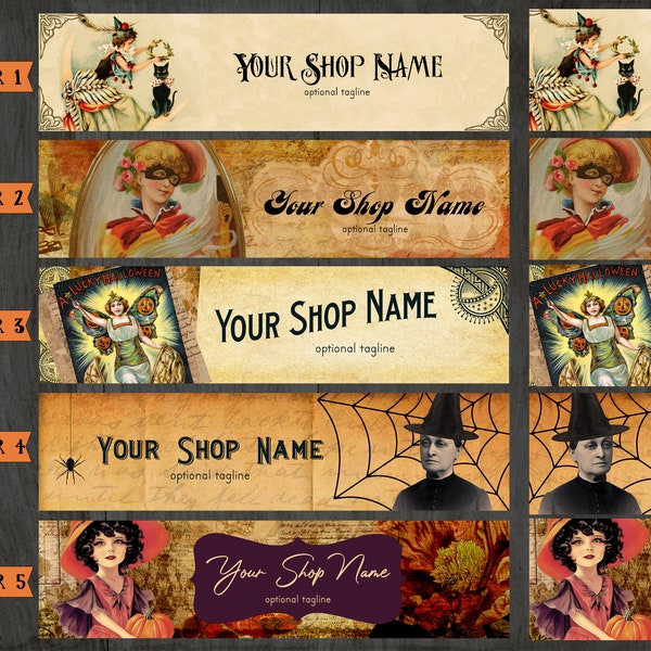 Halloween Etsy Shop Banner Set Vintage Witchy Women Your Choice from 5 Pre-made Vintage, Holiday Designs