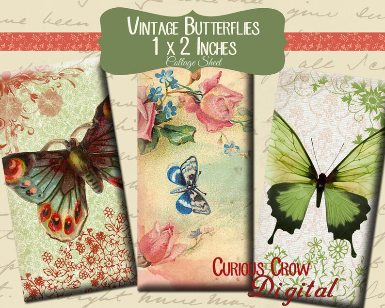 Vintage Butterflies Domino Digital Collage Sheet 1 X 2 Inch (25 X 50 Mm ...