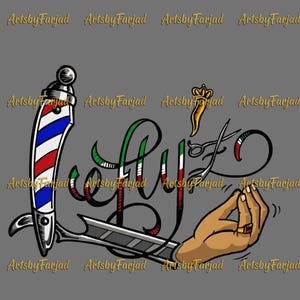 Puede incluir: Gráfico con temática de barbería con un poste de barbero, una navaja, tijeras y un gesto con la mano. La palabra "Fly" está escrita en una fuente estilizada con los colores de la bandera italiana. El fondo es gris.