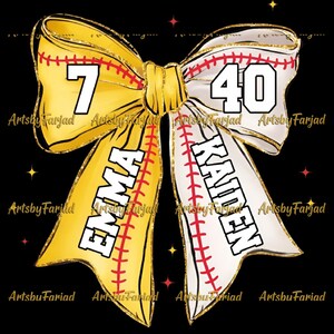 May include: A digital illustration of a baseball-themed bow featuring the names "EMMA" and "KAIDEN" and the numbers "7" and "40". The bow is yellow and white with red stitching, set against a black background with star accents.