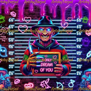 Puede incluir: Una impresión de arte digital de estilo neón que presenta un personaje con sombrero y guante con cuchillas, sosteniendo un letrero que dice "ONLY DREAM OF YOU". El fondo incluye marcadores de altura, corazones y otros elementos de neón.
