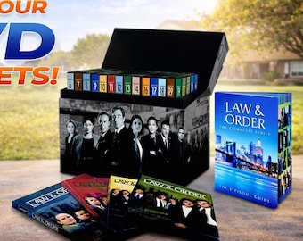 Peut inclure: Un coffret DVD noir avec le texte "Law & Order" et les mots "Shop Our DVD Box Sets!". Le coffret est ouvert, révélant plusieurs boîtiers de DVD. Plusieurs DVD sont affichés devant le coffret.