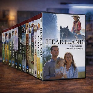 May include: A collection of Heartland DVD box sets. The complete fourteenth season is visible, featuring a woman on horseback and a family portrait. The spines display the show's title and various images.