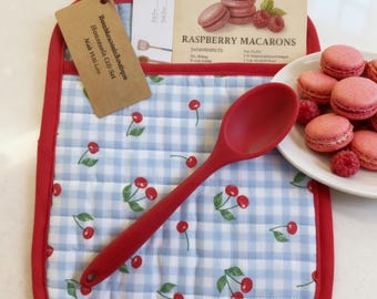 Cherry Potholder Hostess Gift Set - Housewarming Gift - Kitchen Bundle with Silicone Spoon, Macaron and Blank Recipe Cards .