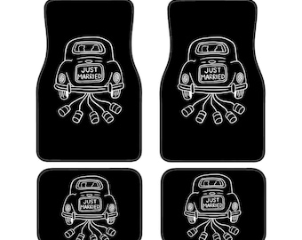 Just Married Car Mats Set Of 4|Black Wedding Car Decor|Newlywed Gift