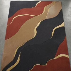 Alfombra abstracta con mechones / Alfombra moderna ondulada / Alfombra hecha a mano en negro, terracota y beige / Decoración contemporánea para el hogar.