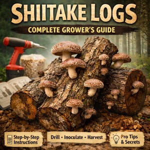 May include: A complete grower's guide for Shiitake logs. The image shows a log covered in Shiitake mushrooms. The text on the image says "Step-by-Step Instructions", "Drill • Inoculate • Harvest", and "Pro Tips & Secrets". A red drill is visible in the background.