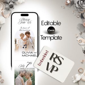 Puede incluir: Una plantilla digital de invitación de boda en la pantalla de un teléfono inteligente, con una foto de una pareja y el texto "Please Join Us". También se ve una tarjeta RSVP y las palabras "Editable Canva Template". El fondo está decorado con flores y cintas.
