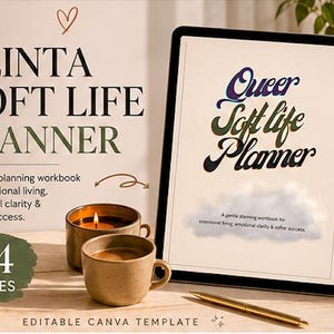 May include: A digital planner with the text "FLINTA SOFT LIFE PLANNER" and "Queer Soft Life Planner" on a tablet. The image includes two mugs, a lit candle, and a pen. The planner is described as a gentle workbook for intentional living.