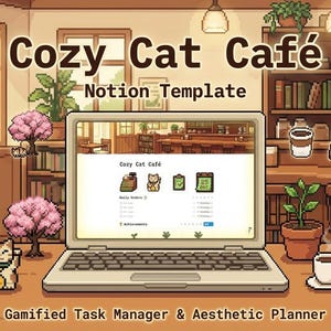 Cozy Cat Café Notion Template | Gamified To-Do List & ADHD Planner | Aesthetic Pixel Art Retro Dashboard | Digital Student Organizer