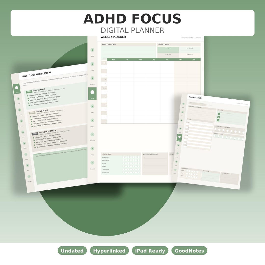 ADHD Digital Planner Undated iPad Goodnotes Notability Hyperlinked ...