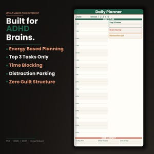Puede incluir: Un planificador diario digital diseñado para cerebros con TDAH. El planificador incluye secciones para las tareas principales, los volcados cerebrales y el estacionamiento de distracciones. El texto dice "Diseñado para cerebros con TDAH".