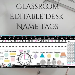 May include: A rectangular classroom desk name tag featuring a black border with a 20-inch ruler, alphabet, number grid, shapes, coins, and an analog clock. The text reads CLASSROOM EDITABLE DESK NAME TAGS. It includes place value blocks and hand icons.