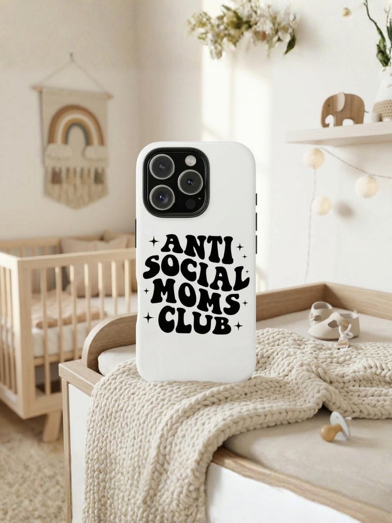 Funny Mom iPhone 16 Pro Case, Anti Social Moms Club, Mothers Day Gift, Groovy Typography Phone Cover, Cool Mom Club Tech Accessory, White image 1