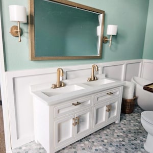 1:12 Scale Miniature Bathroom Vanity , Modern Dollhouse Furniture, Miniature White Cabinet with Gold Faucet, Dollhouse Decor