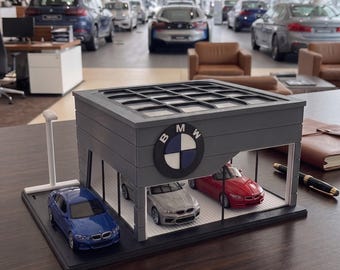 BMWジオラマガレージ 1/64スケール、3Dプリントカーディスプレイケース、ホットウィールマッチボックス駐車場、ミニチュアショールーム、車好きへのギフト、棚の装飾