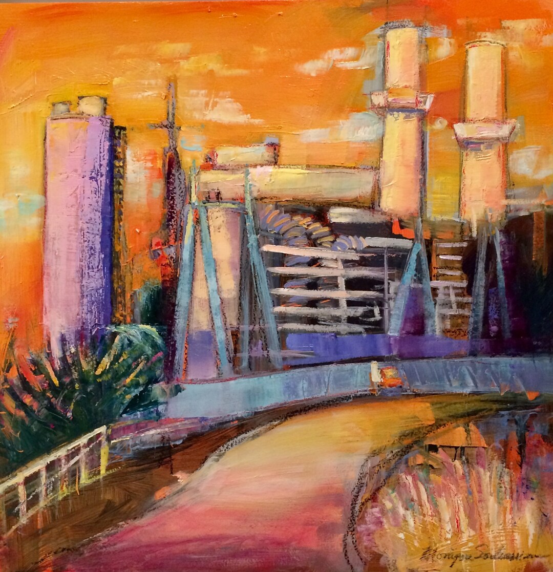 ORANGE OIL PAINTING Landscape Phoenixville Cromby Power Station Expressionist Urban Wall Art