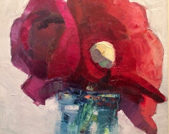 STILL LIFE Oil PAINTING | Red and Pink Ranunculus Flower Bud Vase | Impressionist Expressionist | Van Gogh | Floral Garden | Love Gift
