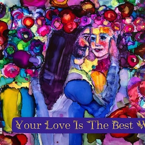 VIBRANT Gods Love Your Love Is the Best Wine Handprinted Silk Art Worship Flag Worship Prayer Banner Flexible Rod 28x44&quot;