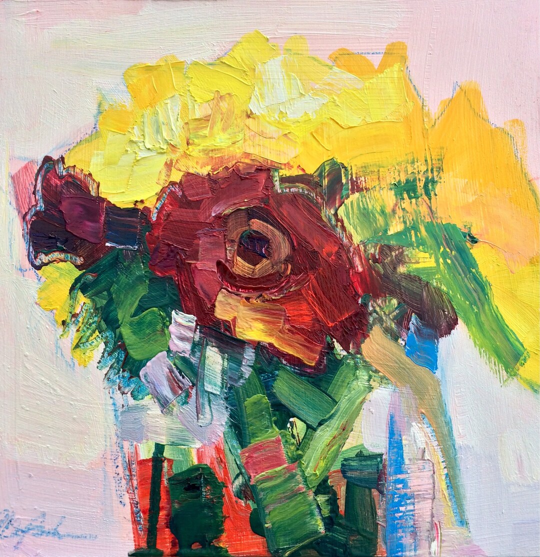 FLOWERS STILL LIFE Oil Painting | Sunflowers and Red Gerbera Daisies ...