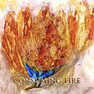 May include: An abstract painting titled CONSUMING FIRE featuring vibrant vertical brushstrokes in shades of orange, yellow, and deep red. The base of the composition displays contrasting blue and green tones, with the text CONSUMING FIRE centered below.