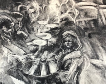 GET FREE SHIPPING Today Paris Charcoal Drawing French Cafe Scene Woman Paris Lush Framed Charcoal Drawing Impressionist Expressionist