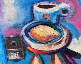 GET FREE SHIPPING Today Romantic Oil Painting &quot;Still Life with Coffee and 3 Scones” impressionist cafe painting