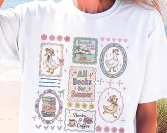 May include: A white t-shirt featuring a graphic print with four framed illustrations of ducks, a beach scene labeled Beach book club, and a central text box reading All Books for Summer, plus a smaller box with Books & Coffee and a cup.