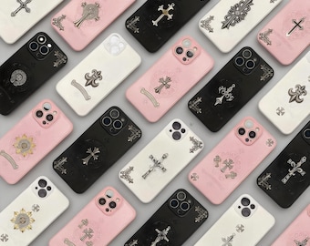 Funda de teléfono con cruz gótica para iPhone 11, 12, 13, 14, 15, 16 y 17 Pro y Pro Max. Funda de cuero con relieve para iPhone 17 Air. Regalo de San Valentín. Fundas para parejas.