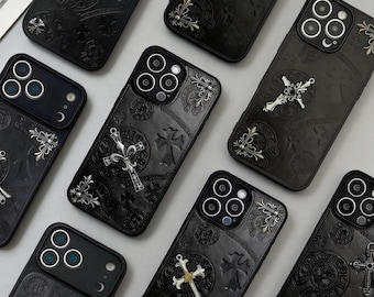 Custodia per iPhone con croce gotica per iPhone 11 12 13 14 15 16 17 Pro, Promax, custodia in pelle goffrata per iPhone 17 Air, regalo di San Valentino, custodie per coppie