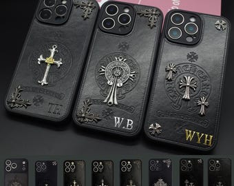 Funda de teléfono personalizada con cruz gótica en relieve inicial para iPhone 11, 12, 13, 14, 15, 16, 17 Pro, Promax, funda de teléfono de cuero con relieve