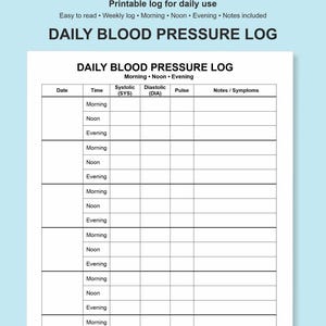 Puede incluir: Un registro imprimible de presión arterial diaria con secciones para fecha, hora, sistólica, diastólica, pulso y notas. El registro incluye espacios para lecturas de la mañana, el mediodía y la tarde. El texto superior dice "Registro imprimible para uso diario".