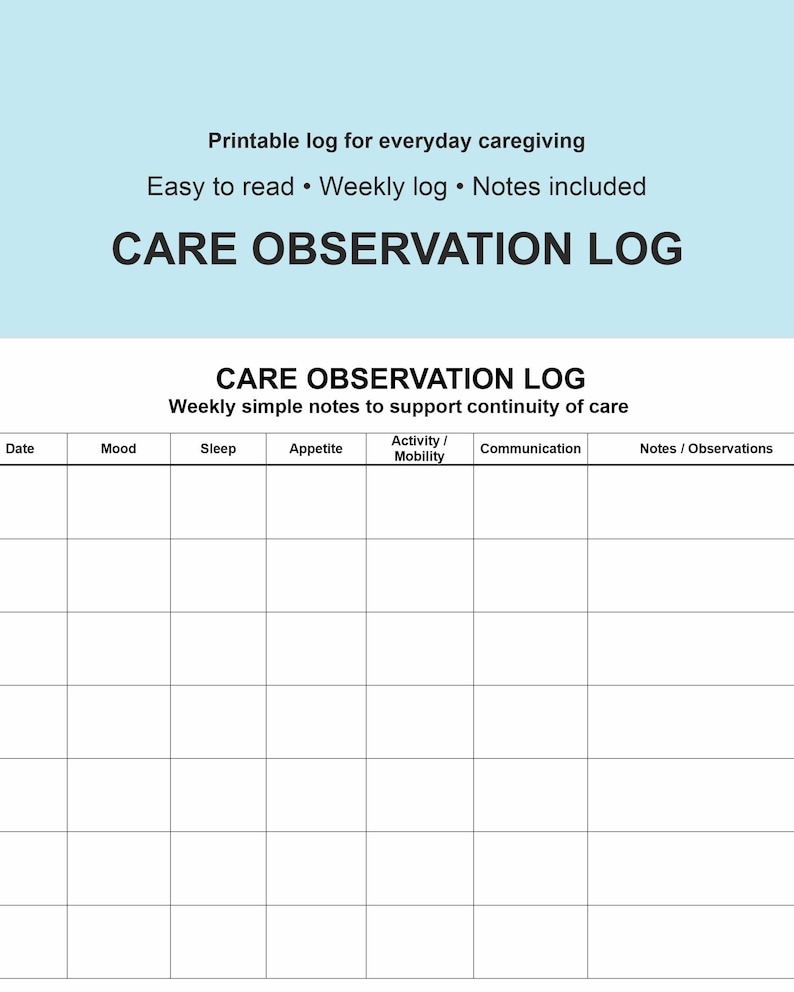 Weekly Care Observation Log | Senior Caregiver Notes (PDF Format A4 ...