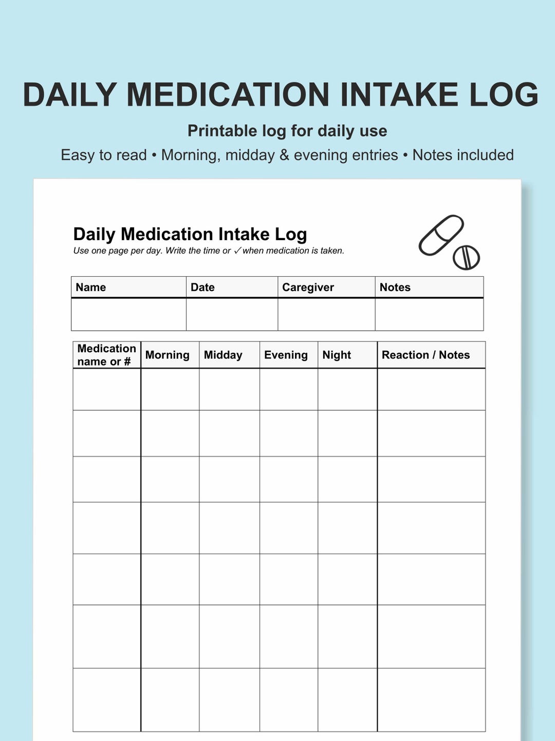 Aust R Medication Daily Medication Intake Log Printable | Medication Tracker for Seniors ...