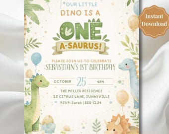 Convite de Aniversário de 1 Ano com Tema de Dinossauro para Menino - Modelo Editável no Canva - Convite "Um Dinossauro" - Convite Digital para Festa de Aniversário de 1 Ano com Tema de Dinossauro