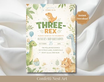 Dinosaur 3rd Birthday Invitation Boy, Three Rex Dino Party Invite, Editable Canva Template, Instant Download
