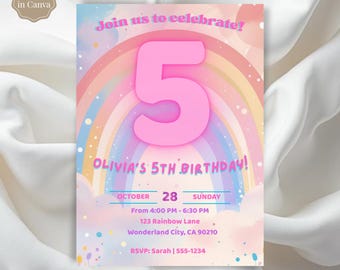 Rainbow Birthday Invitation Any Age, Editable Canva Invite, Girl Pastel Birthday Party, Digital Download