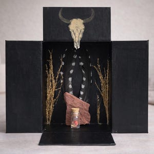 Könnte beinhalten: Eine schwarze Box mit offenem Deckel, mit einer Illustration eines Bullenschädels. Im Inneren hängt ein gemusterter Stoff, mit getrockneten Pflanzen und einem roten Felsen. Eine kleine Glasflasche mit Korken enthält rote Objekte.